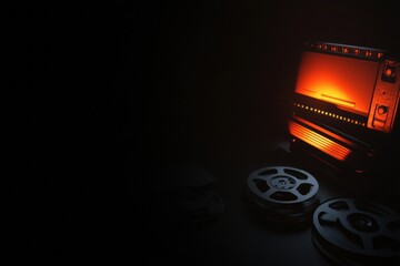 Fototapete - Retro film projector setup featuring reels and a classic clapperboard illuminated in warm light. Generative AI