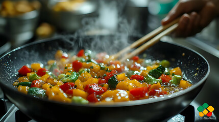 Wall Mural - Close-up of chef stir-frying colorful vegetables in a wok, steam rising, healthy cooking concept