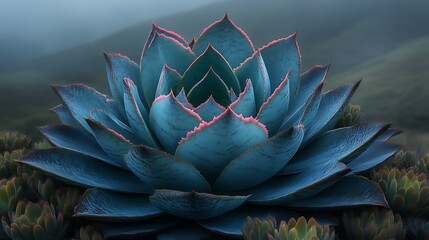 Wall Mural - Blue Succulent Plant with Pink Edges in Mountainous Landscape