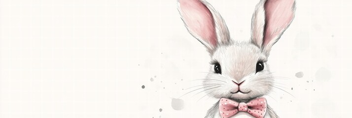 Aufkleber - Cute illustrated rabbit wearing a pink bow tie with large expressive eyes and fluffy ears against a light background. Generative AI