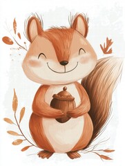 Poster - Charming illustration of a cheerful squirrel holding an acorn surrounded by autumn leaves. Generative AI