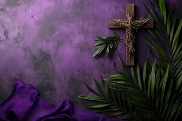 Poster - Christian lent background with cross of ashes, palm leaves, crown of thorns and purple cloth 