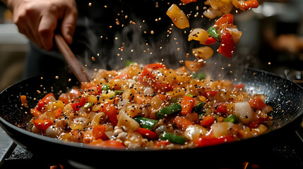 Wall Mural - Chef expertly tossing vibrant stir-fry in a hot wok, sesame seeds falling onto colorful vegetables and meat