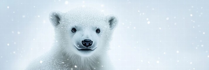 Aufkleber - Polar bear cub in a snowy landscape during a winter snowfall. Generative AI