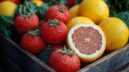 Sticker - Close-up of Fresh Strawberries, Lemons, and Grapefruit in a Wooden Crate