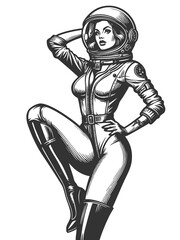 Wall Mural - female astronaut lounging in a spacesuit with flowing hair and space-themed details sketch engraving generative ai raster illustration. Scratch board imitation. Black and white image.