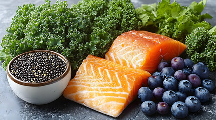 Wall Mural - Close-up view of fresh salmon fillets with vibrant blueberries, nutritious kale and a bowl of black seeds, promoting healthy eating and wellness.