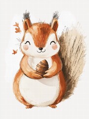 Poster - Cute squirrel holding acorn with a joyful expression in a whimsical forest setting during autumn. Generative AI