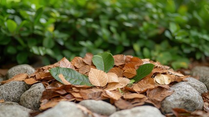 Canvas Print - Pile of Brown and Green Leaves on Pebbles Surrounded by Fresh Green Foliage in a Tranquil Outdoor Setting