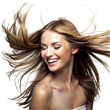 © Royal png  - Lady smiling with closed eyes wind blowing on her hair isolated on transparent background