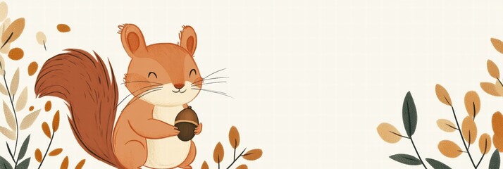 Poster - Cheerful squirrel holding an acorn surrounded by autumn leaves in a warm, vibrant illustration. Generative AI