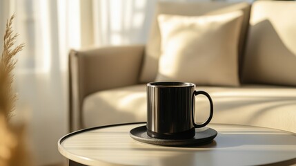 Poster - Black Coffee Mug On Modern Side Table In Sunny Room