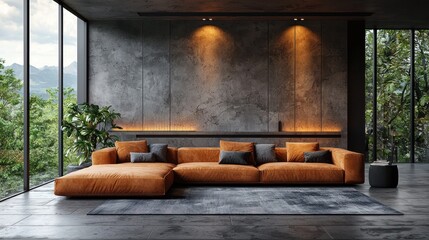 Poster - Orange couch, concrete wall, big window.