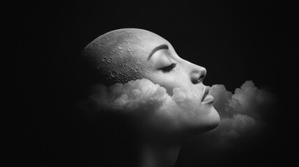 Wall Mural - Woman Profile with Moon and Clouds in Black and White Design