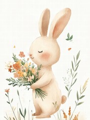 Aufkleber - Cute rabbit holding a colorful bouquet of flowers in a serene garden setting during a sunny day. Generative AI