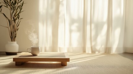 Poster - Steaming Cup on Wooden Tray Near Window