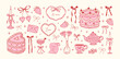 © Anna Bova - Hand drawn coquette elements for Valentines day, wedding invitation, birthday card. Cute girly bows, hearts, ribbons, cherry, cake, heart frame, strawberry. Vintage elegant vector illustration. © Anna Bova - Hand drawn coquette elements for Valentines day, wedding invitation, birthday card. Cute girly bows, hearts, ribbons, cherry, cake, heart frame, strawberry. Vintage elegant vector illustration.