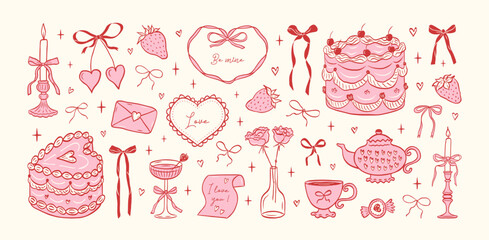 hand drawn coquette elements for valentines day, wedding invitation, birthday card. cute girly bows,