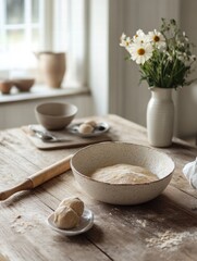 Aufkleber - Fresh ingredients and dough on a rustic kitchen table inviting home cooking. Generative AI