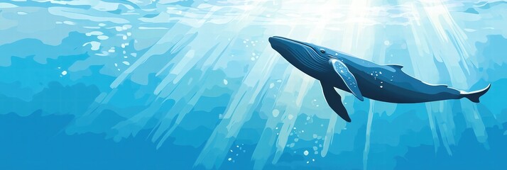 Aufkleber - Illustration of a majestic whale swimming gracefully under the ocean surface with rays of light streaming through water. Generative AI