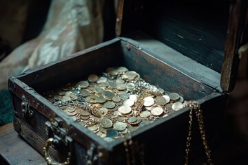 Discovery of a hidden treasure chest in an old attic filled with gold coins and jewelry vintage home environment close-up view of antique artifacts