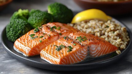 Wall Mural - Pan-Seared Salmon with Roasted Broccoli and Farro: A Healthy and Delicious Dinner