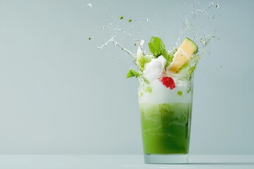 Wall Mural - Organic matcha dessert. Refreshing green cocktail with splash and fruit garnish.