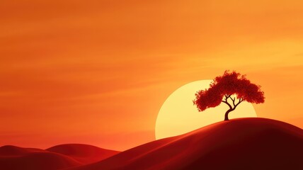 Wall Mural - lone tree silhouetted against vibrant sunset in vast desert landscape