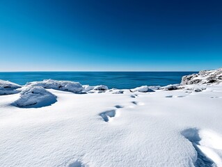 Wall Mural - A view of the ocean from a snowy beach with footprints in the snow