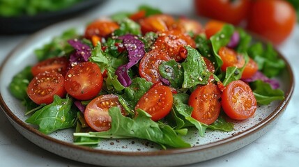 Wall Mural - Fresh Tomato and Greens Salad on Rustic Plate