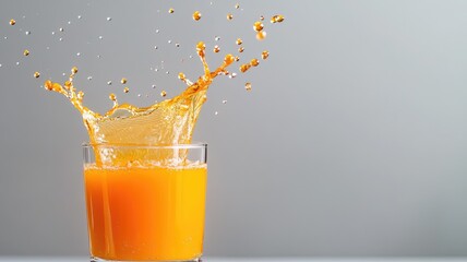 Wall Mural - Orange juice splashing out of glass with gray background