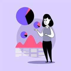 Poster - businesswoman giving presentation vector illustration. pie chart and graphs on background. business 