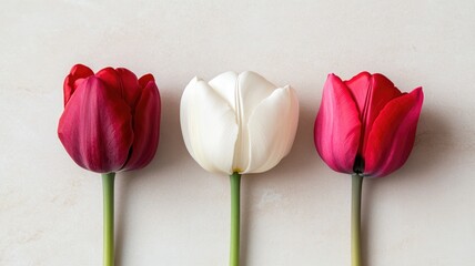 Wall Mural - Three tulips of red and white hues aligned sideways on light background