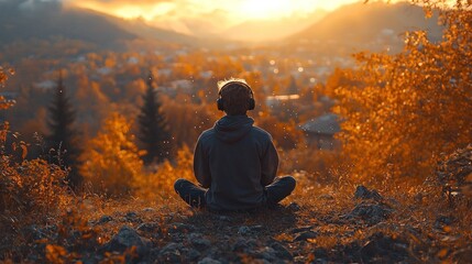 Wall Mural - Person meditating at sunset.