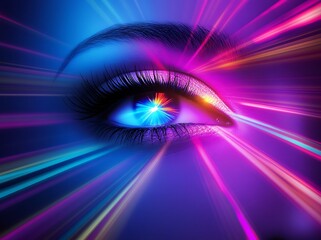 Poster - Vibrant blue and purple background with laser rays radiating outwards, creating an energetic visual effect. 