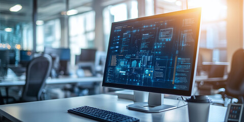modern computer monitor displaying cybersecurity data, digital analytics, and network information, s