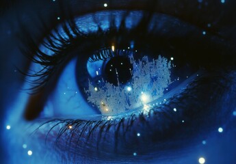 Close-Up of an Eye with Abstract Cosmic Reflections Including Stars, Galaxies, and Ethereal Patterns Evoking a Sense of Wonder and Mystique in a Dreamlike Setting