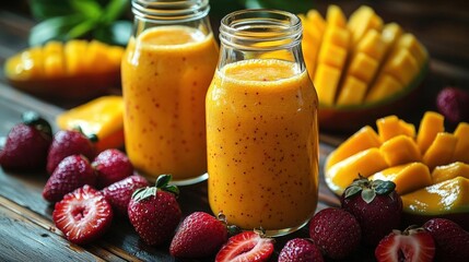 Wall Mural - Refreshing Mango and Strawberry Smoothie in Glass Bottles