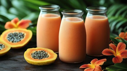 Sticker - Refreshing Papaya Smoothies in Glass Bottles with Tropical Fruits and Flowers