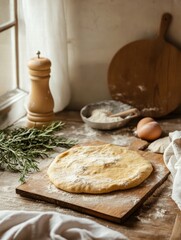 Aufkleber - Inviting rustic kitchen scene with fresh ingredients and dough on wooden table. Generative AI