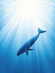 Aufkleber - Blue whale gracefully swimming in deep ocean waters illuminated by sunlight. Generative AI