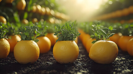 Sticker - Rows of oranges with sprouting plants in a sunny orchard