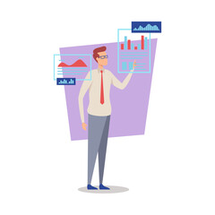 Wall Mural - Businessman reviewing financial reports vector illustration. Male cartoon character in eyeglasses looking at virtual diagrams. Business, analysis, profit, finance concept