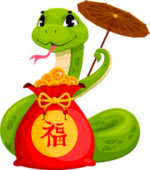 Wall Mural - Cartoon asian horoscope snake character with holiday money bag gift, vector Chinese Lunar New Year. Cute green snake animal of asian zodiac calendar with chinese paper umbrella and holiday lucky coins