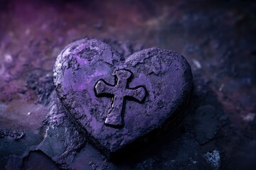 Canvas Print - Lent Season, Holy Week, Ash Wednesday concepts.Ash heart with cross symbol in purple and black background. 