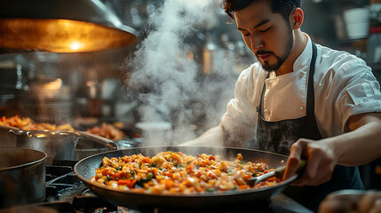 Wall Mural - Focused Chef Stir-Frying Seafood and Vegetables in a Wok in a Busy Restaurant Kitchen