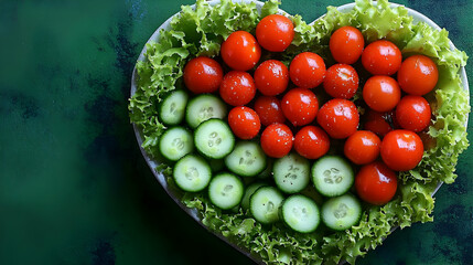 Wall Mural - Heart-shaped arrangement of fresh cherry tomatoes and cucumber slices on a bed of lettuce