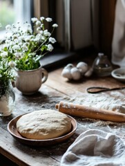 Aufkleber - Rustic kitchen table with freshly prepared dough, rolling pin, and ingredients in a warm and inviting setting. Generative AI