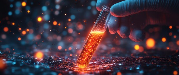 scientist holding medical test tube or scalpel, lab flask of medical research with blood cells and v