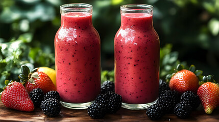 Sticker - Refreshing berry smoothie in glass bottles, surrounded by fresh strawberries and blackberries